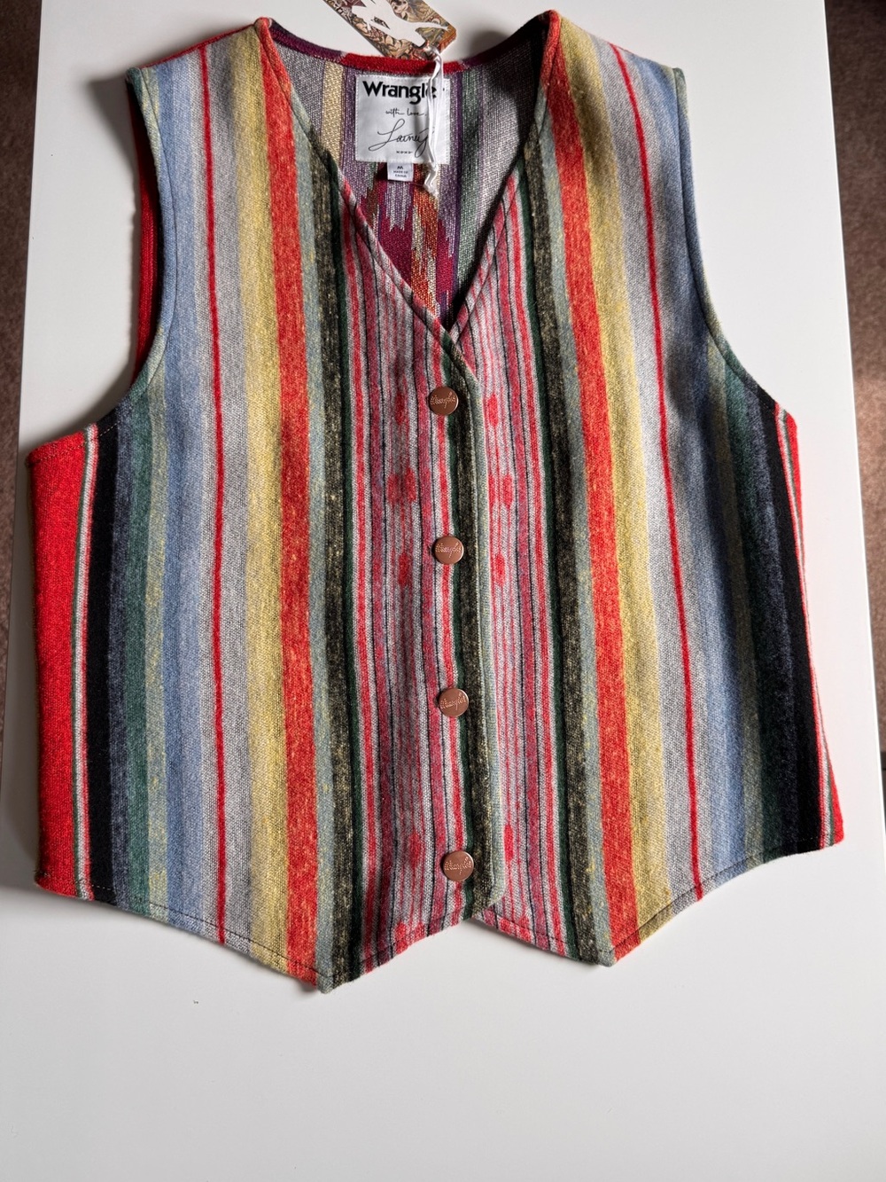 Wrangler x Lainey Wilson Multi-Stripe Button Vest - Red, Yellow, Blue, Green